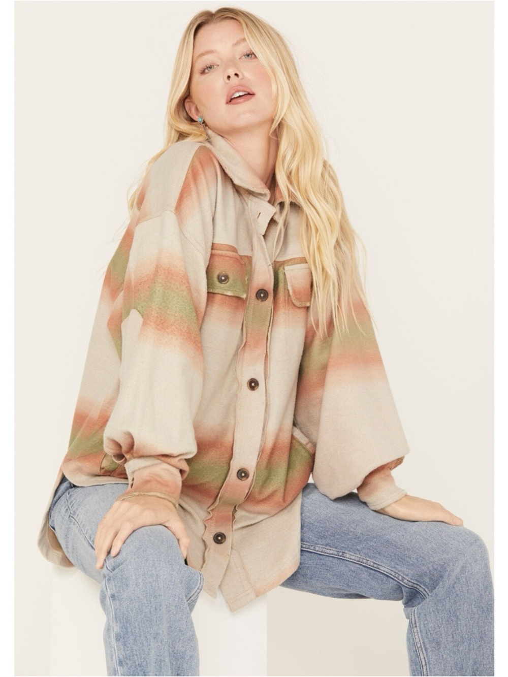 Free People Beige Button-Down Ombré Serape Ruby Jacket - Shacket